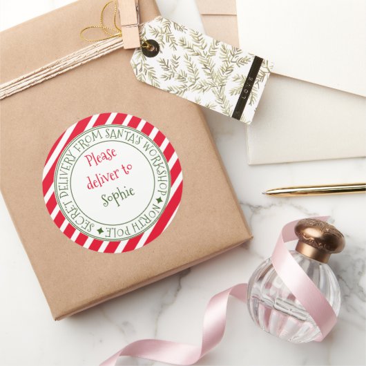 Geheime levering van Santa's stripe kerstcadeau Ronde Sticker (Geschenken)