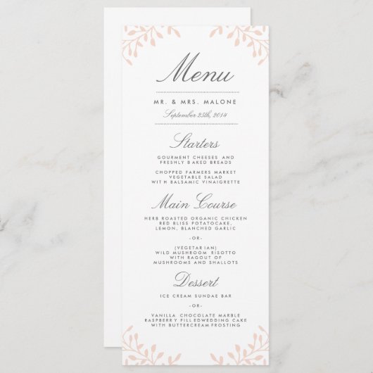 Geheime tuin bruiloft diner menu - Blush (Voorkant / Achterkant)