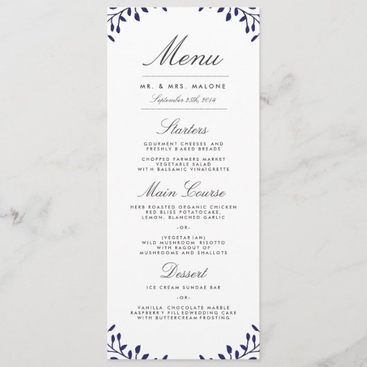 Geheime tuin bruiloft diner menu - Marine (Voorkant)