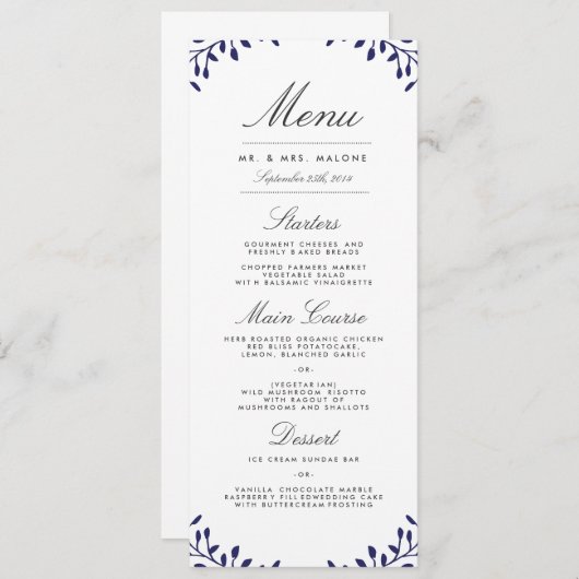 Geheime tuin bruiloft diner menu - Marine (Voorkant / Achterkant)