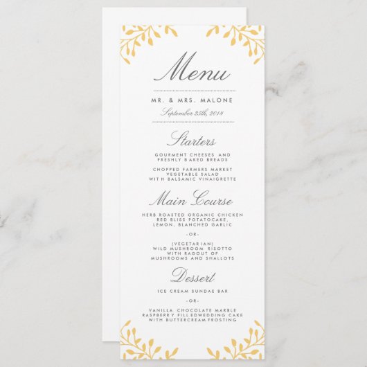 Geheime tuin bruiloft diner menu - Mosterd Geel (Voorkant / Achterkant)