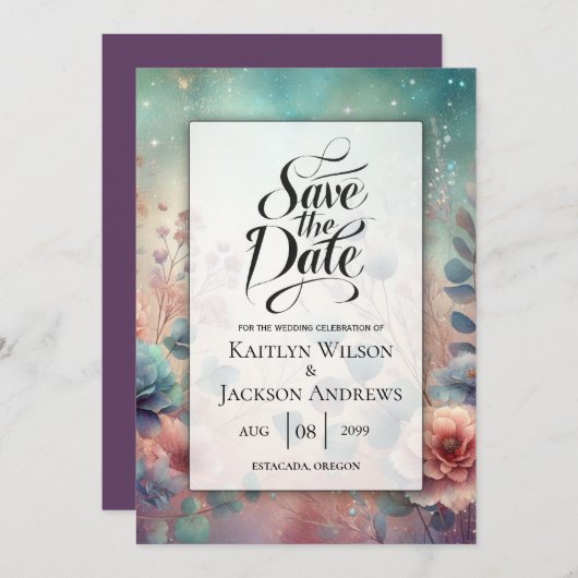 Geheime tuin in avondgloed bruiloft save the date (Voorkant / Achterkant)