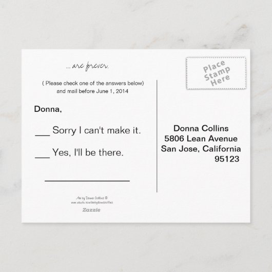 Geheugen aangepaste antwoordkaart uitnodiging briefkaart (Achterkant)