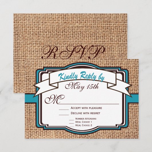 GeHitte Burlap Blauwgroen RSVP-kaarten RSVP Kaartje (Voorkant / Achterkant)