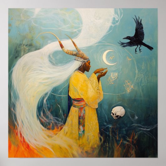 Gehoornde Priesteres Moon Witchy AI Art Matte Valu Poster (Voorkant)