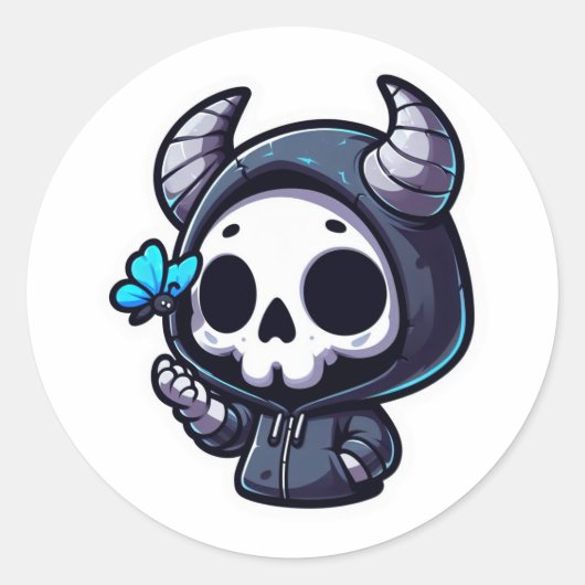 Gehoornde schedel met blauwe vlinder ronde sticker (Voorkant)