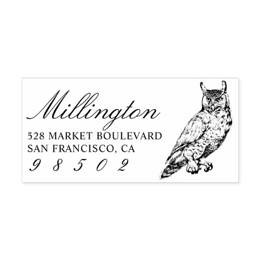 gehoornde uil | Achternaam Script Retouradres Rubberstempel (Afrduk)