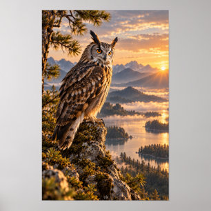 Gehoornde Uil bij Gouden Berg Zonsondergang Wildli Poster