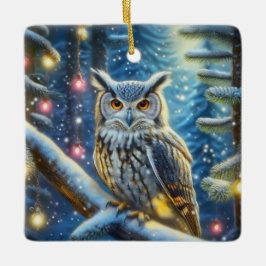 Gehoornde uil in met sneeuw bedekt bos keramisch ornament