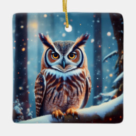 Gehoornde uil in met sneeuw bedekt bos keramisch ornament