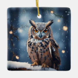 Gehoornde uil in met sneeuw bedekt bos keramisch ornament
