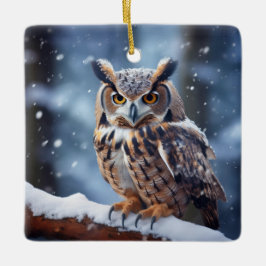 Gehoornde uil in met sneeuw bedekt bos keramisch ornament