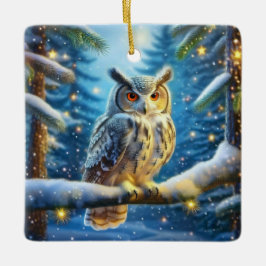 Gehoornde uil in met sneeuw bedekt bos keramisch ornament
