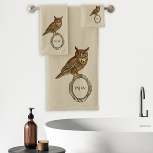  gehoornde uil monogram beige bad handdoek