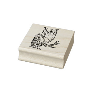 Gehoornde Uil op Tak Lijnkunst Rubberstempel