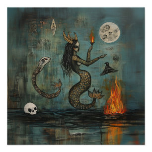 Gehoornde Zeemeermin Maan Witchy AI Art Semi-Gloss Perfect Poster