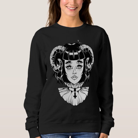 Gehornd Duivel Satanisch Halloween Glitch Goth Emo Trui (Voorkant)