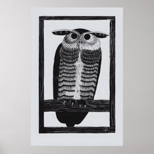 Gehornde Uil A3 A4 Kunstprint. Natuur Oud Poster