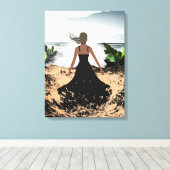 Gehuld in de wind - Elegante vrouw in zwarte jurk Canvas Afdruk (Insitu (Houten vloer))