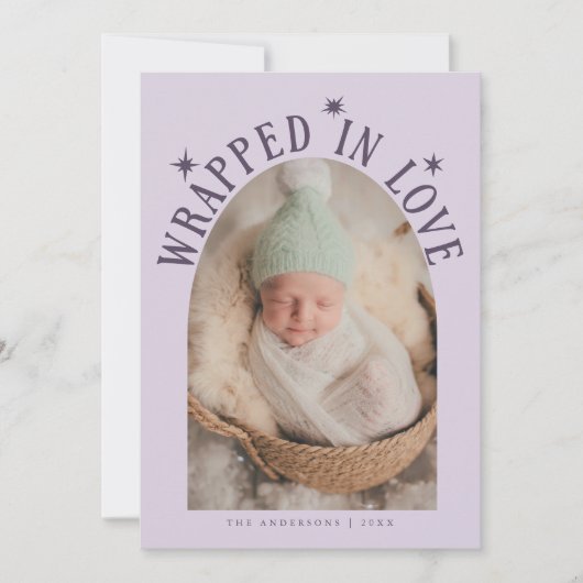 Gehuld in liefde Paarse foto geboorte Aankondiging (Voorkant)