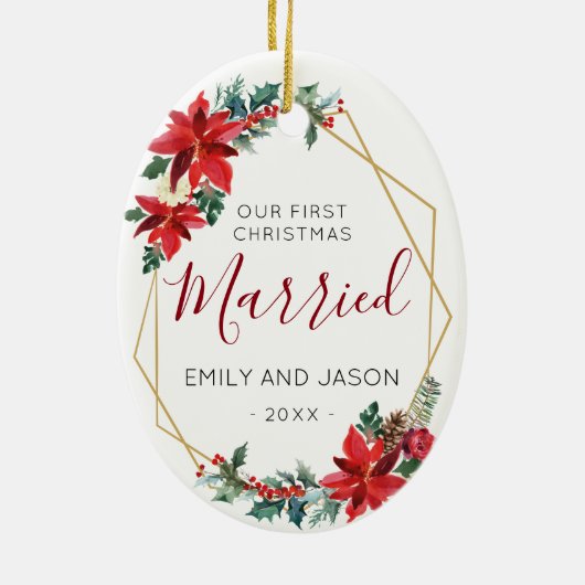 Gehuwd als eerste Chrismas Red Poinsettia elegant Keramisch Ornament (Achterkant)