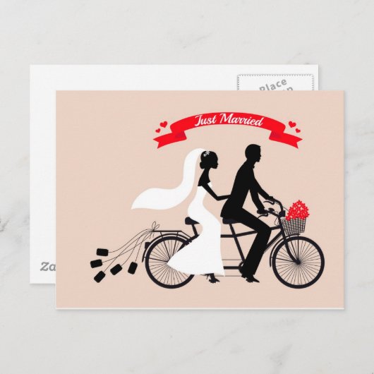 Gehuwd, bruid en bruidegom op de trouwfiets aankondigingskaart (Voorkant / Achterkant)