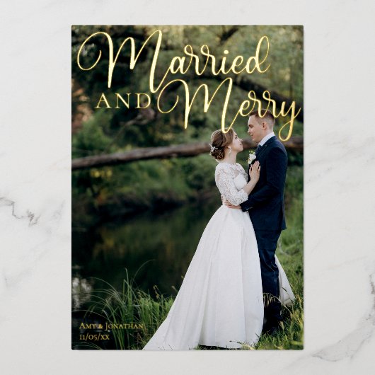 Gehuwd en bruin Elegant Wedding Foto Gold Folie Feestdagenkaart (Voorkant)