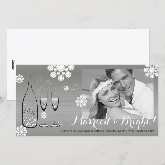 Gehuwd en fel, zilveren champagne Foto bruiloft Feestdagenkaart (Voorkant / Achterkant)
