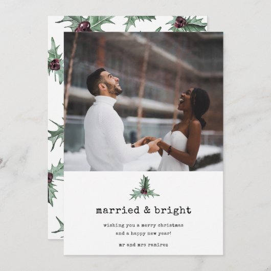 Gehuwd en helder Foto Holly Pas getrouwd Kerstmis Feestdagenkaart (Voorkant / Achterkant)