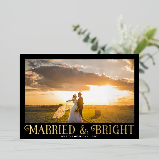 Gehuwd en helder Pas getrouwd met zwarte kerstmis Folie Feestdagenkaart (Staand Voorkant)