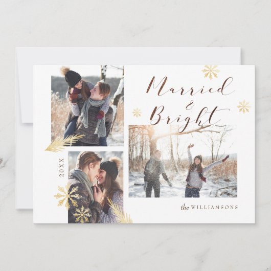 Gehuwd en helder Rustisch hout Gold Snowflake Foto Feestdagenkaart (Voorkant)