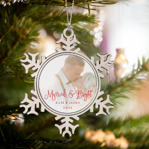 Gehuwd en helder Weddenfoto Tin Sneeuwvlok Ornament