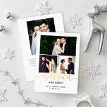 Gehuwd en huwelijk Foto Collage Gold Folie Feestdagenkaart<br><div class="desc">Moderne "Gehuwd en grof" vakantiekaart voor nieuwigheden biedt 3 favoriete foto's vanaf de trouwdag aan de voorzijde met gouden folie en zwarte aangepaste tekst die gepersonaliseerd kan worden met namen en trouwdata. Een klein gouden folie hart accentueert het ontwerp. De rug van de kaart omvat een extra foto met een...</div>