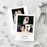 Gehuwd en huwelijk Foto Collage Roos Gold Folie Feestdagenkaart<br><div class="desc">De moderne "Gehuwd en Vergroefd" vakantiefootkaart voor nieuwigheden bevat 3 favoriete foto's van de trouwdag aan de voorzijde met roos gouden folie en zwarte aangepaste tekst die gepersonaliseerd kan worden met namen en trouwdata. Een klein roos gouden folie hart accentueert het ontwerp. De rug van de kaart omvat een extra...</div>