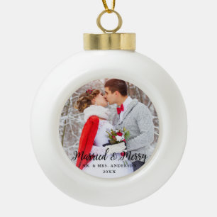 Gehuwd en huwelijk Foto Kerstmis B Keramische Bal Ornament
