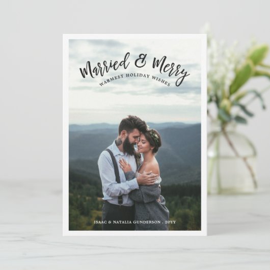 Gehuwd en leuk Modern Chistmas Foto zwart Feestdagenkaart (Staand voorkant)