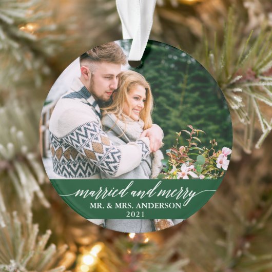Gehuwd en Merry Calligraphy Wedding Green Ornament (Boom)