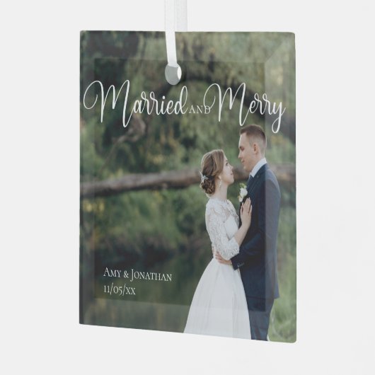 Gehuwd en Merry Elegant Weddenschap Foto Kerstmis Glas Ornament (Voorkant links)