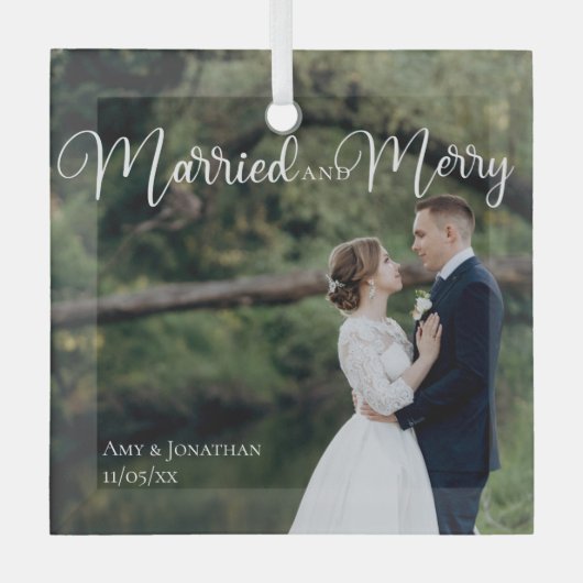 Gehuwd en Merry Elegant Weddenschap Foto Kerstmis Glas Ornament (Voorkant)
