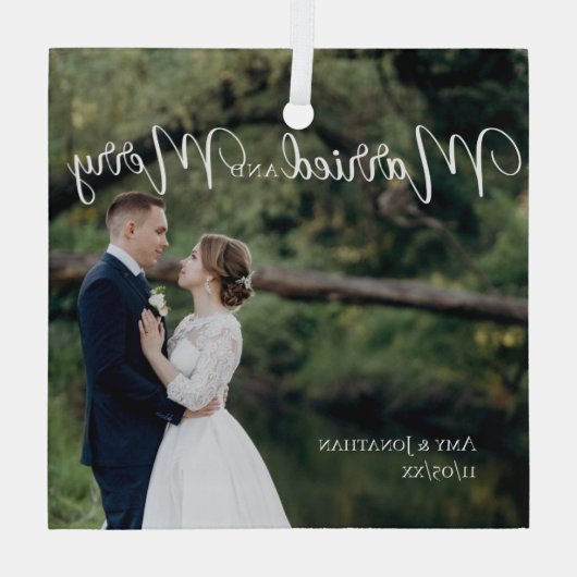 Gehuwd en Merry Elegant Weddenschap Foto Kerstmis Glas Ornament (Achterkant)