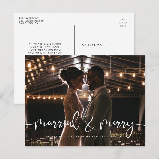 Gehuwd en Merry Modern kalligrafie Kerstmis Briefkaart (Voorkant / Achterkant)
