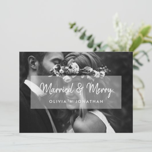 Gehuwd en Merry | Overlay van foto's en witscript Feestdagenkaart (Staand voorkant)