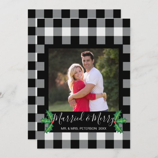 Gehuwd en Merry Rustic White Buffalo Check Photo Feestdagenkaart (Voorkant / Achterkant)