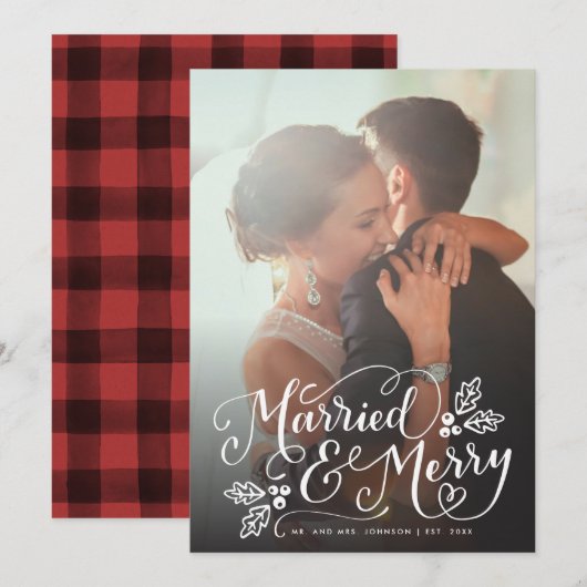 Gehuwd en met Merry Chic Hand Lettered Photo Pset Feestdagenkaart (Voorkant / Achterkant)