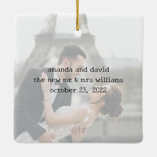 Gehuwd en pretfoto's, namen en kerstdagen keramisch ornament (Achterkant)