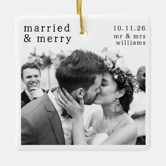 Gehuwd en pretfoto's, namen en kerstdagen keramisch ornament (Voorkant)