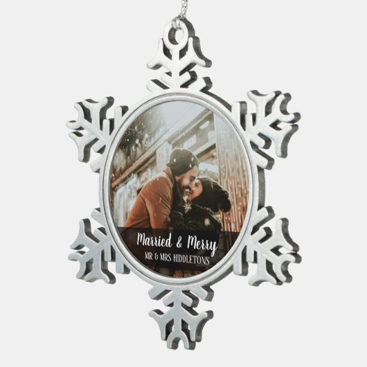 Gehuwd en pretkerst | Weddenfoto Tin Sneeuwvlok Ornament (Rechts)