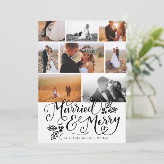 Gehuwd en prettig, multi-foto kerstcollage feestdagenkaart (Staand voorkant)