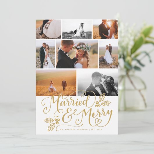 Gehuwd en prettig, multi-foto kerstcollage feestdagenkaart (Staand voorkant)