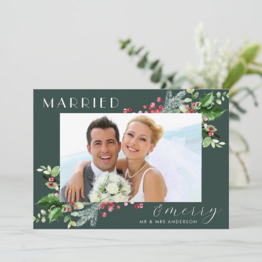 Gehuwd en vrolijk Pas getrouwd botanische bessen f Feestdagenkaart (Staand voorkant)